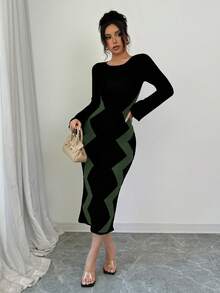 Elenzga Vestido de punto elegante de manga larga y cuello redondo con rayas onduladas ajustado para mujer - Verde Oliva - Ver 3