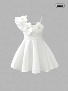 Sweetra Young Girls White Beaded Floral Decor Waist Flared A-Line Dress, Fashion Suitable For Birthday Party, Summer - White - View 1