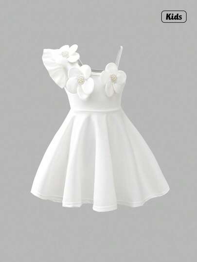 Sweetra Young Girls White Beaded Floral Decor Waist Flared A-Line Dress, Fashion Suitable For Birthday Party, Summer