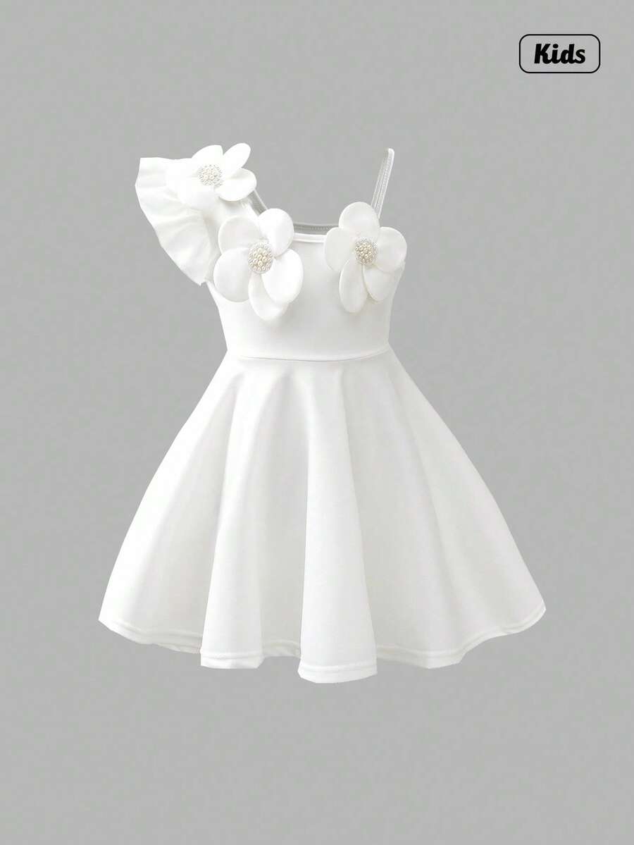 Sweetra Young Girls White Beaded Floral Decor Waist Flared A-Line Dress, Fashion Suitable For Birthday Party, Summer - White - View 1