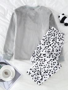 Genkimix Kids Girls' Solid Color Fleece Top & Leopard Print Fleece Thick & Comfortable Long Sleeve Pants Set, Loungewear For Autumn/Winter - Multicolor - View 2