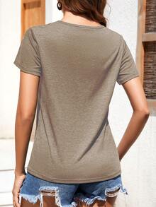 EMERY ROSE Damen einfarbiges V-Ausschnitt plissiertes lässiges vielseitiges Kurzarm T-Shirt - Aprikosenfarben - Übersicht 2