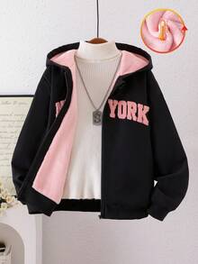 SHEIN Bluza z kapturem i długim rękawem dla dziewcząt w kolorze czarnym, haftowane angielskie litery, kardigan z podszewką termiczną, wygodny dla dzieci w zimowym śniegu, modny i uniwersalny - Czarne - Zobacz 3