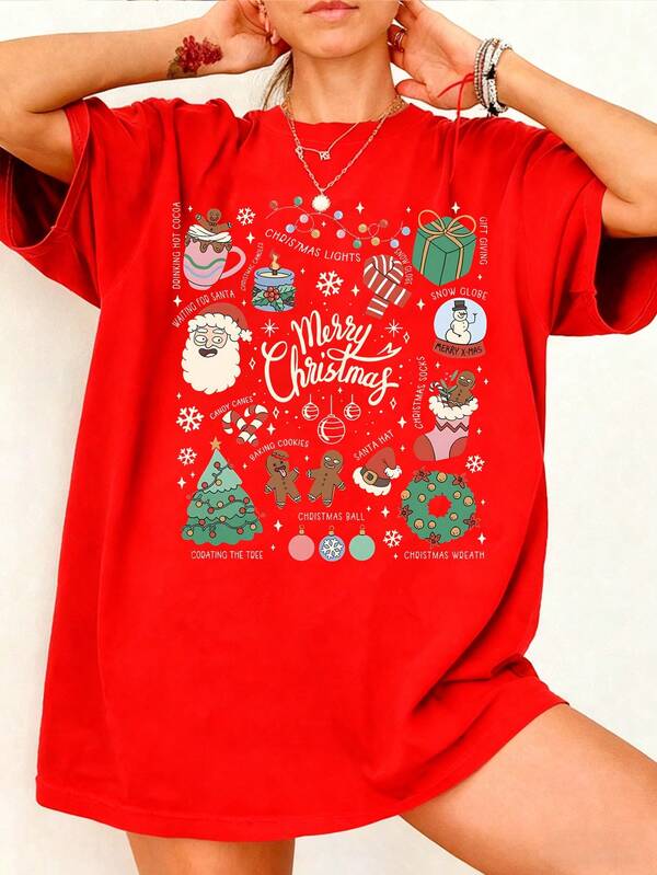 EMERY ROSE Merry Christmas Tee, Vintage Holiday Aesthetic T-Shirt, Christmas Doodles Collage Tee, Festive Christmas Gift For Her