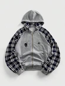 ROMWE MEN Prep 男士休闲格子拼接拉链连帽卫衣，秋季款，长袖上衣 - 灰色 - 查看 1