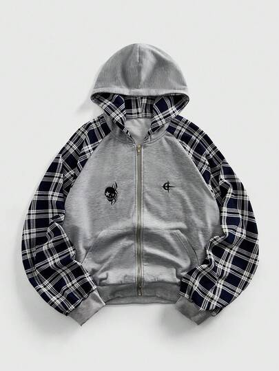 Street Life Sudadera con capucha casual de hombre con parches de cuadros, otoño