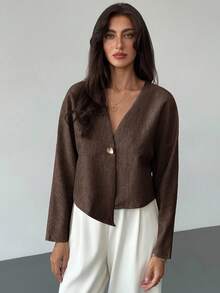 Women's Loose V-Neck Long Sleeve Fashionable Cropped Elegant Top - Coffee Brown - View 4