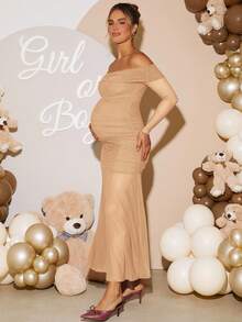 Loomaby Elegant Off-Shoulder Long Maternity Dress For Party, Beige Two Piece Sets,Pregnancy Photoshoot Dress,Babyshower,White,Autumn Maternity Dress - Apricot - View 7