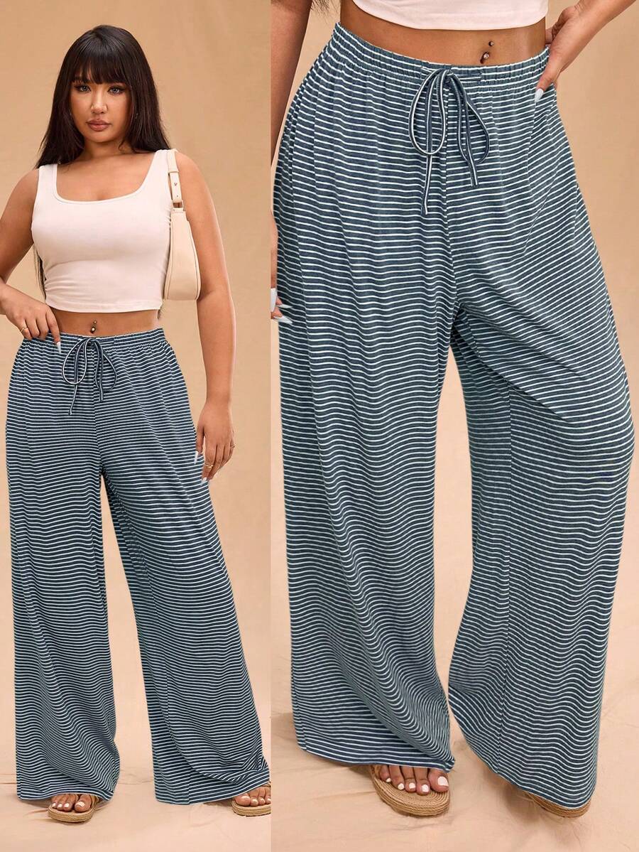 SHEIN Forever 21 大尺碼女款休閒百搭萬能寬鬆彈性腰條紋長褲 - 藍色 - 查看 1