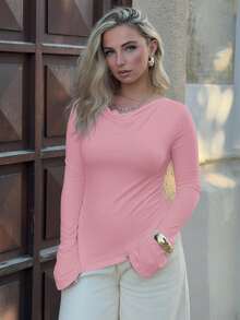 Jeta Ari Hanging Collar Solid Color Knitted T-Shirt With Adjustable Waist And Uneven Hem Fall Cloth For Women - Pink - View 6