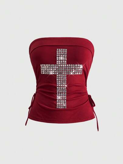 J-Fashion ملابس علوية نسائي قصير بدون أكتاف مزين بالرينستون والصليب على خلفية سوداء، مع سحاب وشق في الذيل