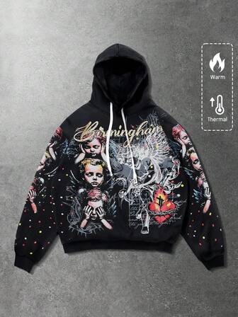 Street Life Unisex Engel Kind Englisch Grafik Muster Kapuzenpullover, Streetstyle Amerikanisch, Kurzarm, Herbst/Winter