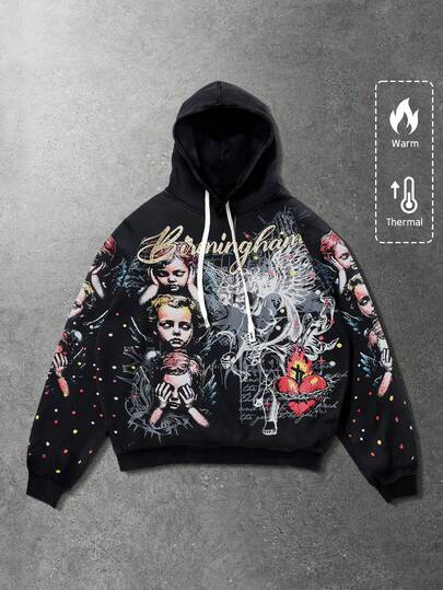 Street Life Unisex Angel Child English Graphic Print Hooded Sweatshirt, Street Style American,  Autumn/Winter