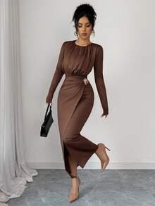 SHEIN Elenzya Rochie de damă tricotată, cu talie strânsă, cu decor metalic, mulată, elegantă, de zi cu zi, pentru naveta, stil francez, vintage, versatilă, pentru petreceri de Crăciun, de Anul Nou, pentru afaceri, maro, cu mânecă lungă, toamnă/iarnă - Maro - Vizualizare 4