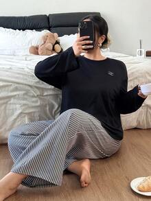 Doze Lane 2件套女士加大码字母刺绣针织圆领长袖上衣和条纹长裤睡衣套装，冬季服装 - 黑色 - 查看 6