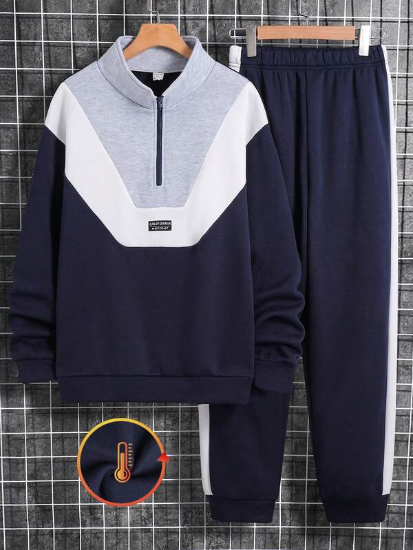 SHEIN 2pcs/Set Teen Boys' Casual Versatile Comfortable Mock Neck Patchwork Sweatshirt And Pants Set, Suitable For Party, School, Outings, All Seasons