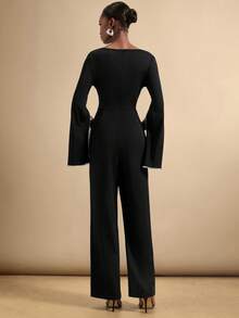 Vesra 女士秋冬新款长袖开衩连体裤，后背串珠，隐形拉链，修身剪裁优雅高端时尚裤 - 黑色 - 查看 2