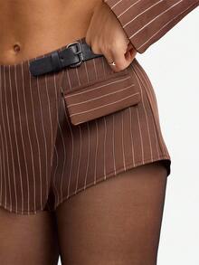 Avenya Brown Striped Low Waist Mini Shorts, Fashionable For Commuting - Brown - View 2