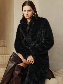 Arave 秋冬通勤时尚纯色人造毛皮夹克 - 黑色 - 查看 6