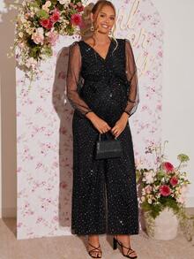 Loomaby Pregnant Women's Crossover V-Neck Mesh Lantern Sleeve Wide Leg Jumpsuit,Gender Reveal Dress,Maternity Dress, Baby Shower Dress Black Sequin Jumpsuit Mesh Jumpsuit Black Wedding Guest Dress Luxury Dress For Women Sheer Jumpsuit - Black - View 3