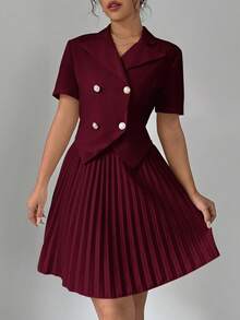 SHEIN PETITE Women's Double-Breasted Waist Fitted Blazer With A-Line Pleated Mini Skirt, Elegant & Romantic Business Suit Set