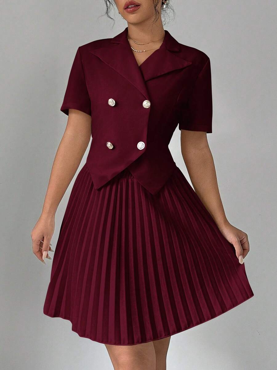 SHEIN PETITE Women's Double-Breasted Waist Fitted Blazer With A-Line Pleated Mini Skirt, Elegant & Romantic Business Suit Set