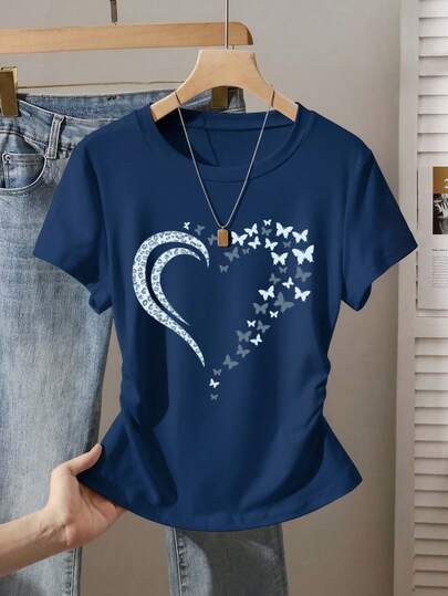 Franclia 夏季户外上衣，高端设计，适合户外、运动、平面设计、购物、旅行、度假等场合，女士短袖T恤，豹纹和心形元素，蝴蝶心形印花图案，浪漫迷人。