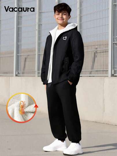 Casual Stylish Minimalist Unisex Teenager Hoodie Jacket With Thermal Lining, Face Print, Kangaroo Pocket, Relaxed Fit Jogger Pants, Versatile For Autumn, Spring, Winter, Suitable For Daily Wear, Commuting, Outdoor Activities, Sports, School, Streetwear, Parties, And Photoshoots