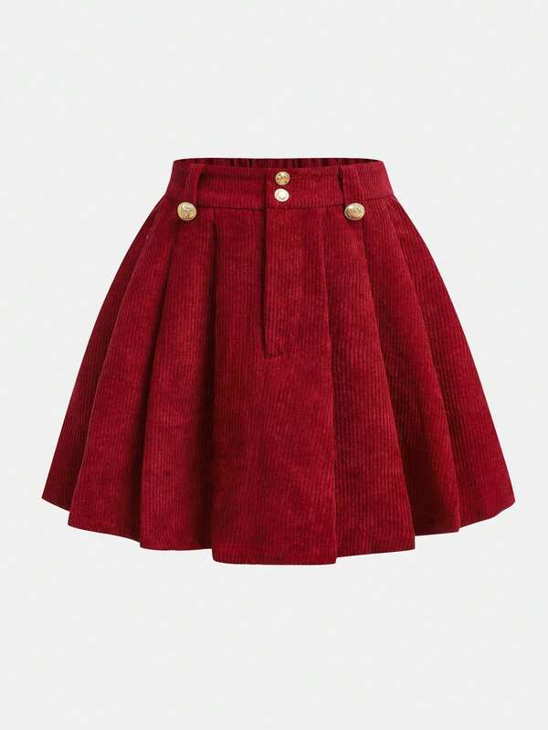 SHEIN Falda mini acampanada de pana con botones y pliegues para niña preadolescente, informal para otoño/invierno