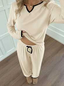 SHEIN Teen Girls Contrast Binding Notched Neck Knot Front Lounge Set - Apricot - View 5