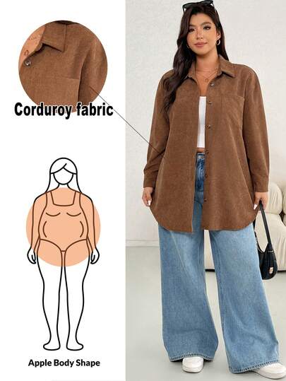 Shapeblank Plus Size Women's Apple-Shaped Body And Fashion Casual Comfortable Daily Basic Brown Corduroy Button Ultra Loose Shirt, Women Blouse, Outfits, Simple Style Spring