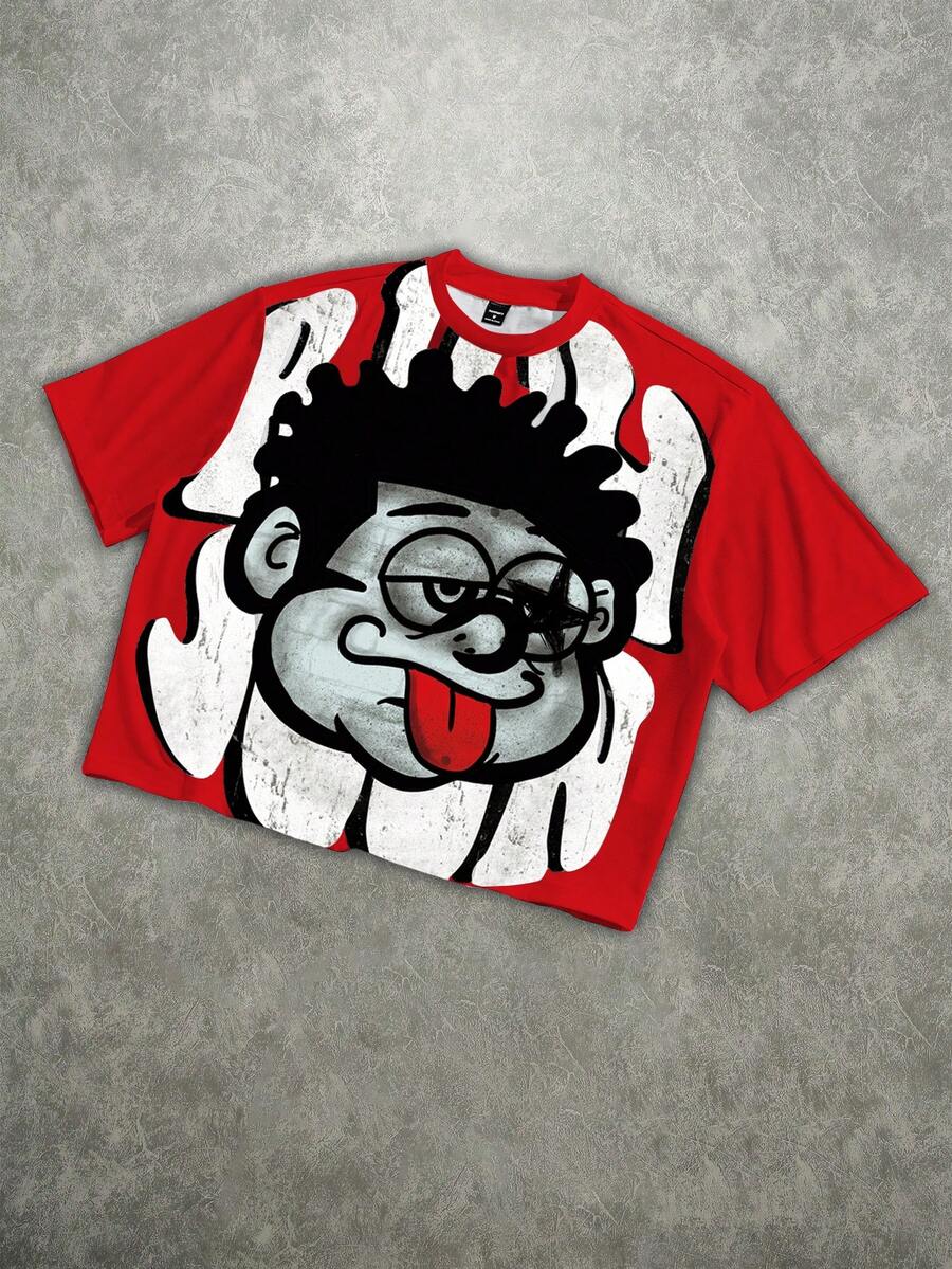 Manfinity ZONE917 Men's Street Cartoon Portrait Print Loose Fit Crew Neck Short Sleeve T-Shirt