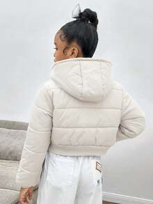 SHEIN Chaqueta acolchada con capucha casual de estilo urbano gruesa y acolchada para niña preadolescente, para otoño/invierno - Albaricoque - Ver 2