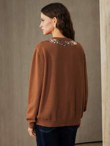 Aveloria Women's Loose Fit, Sequined Embroidery Detailing At The Neckline, Casual Long-Sleeved Cardigan     Winter Clothes For Women  Winter Sweaters For Women - Brown - View 3