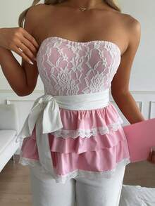 CovetEZ 优雅撞色蕾丝拼接荷叶边抹胸上衣，夏季 - 粉色 - 查看 4