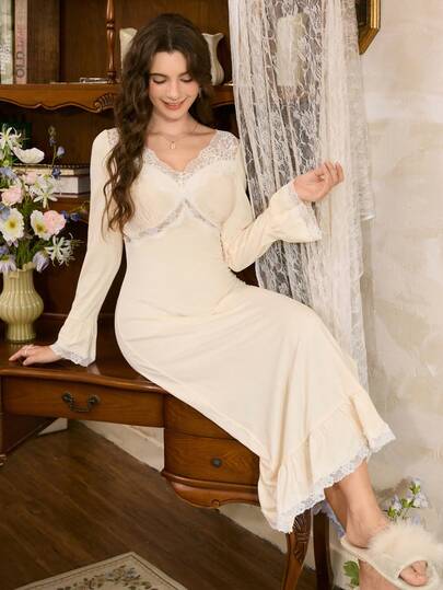 Côtesoire French Elegante Long Sleeve Maxi Dress, Charming Kanten Patchwork Graceful Women Nightgown Night Dress Vintage Lingerie Momo Gown view 5