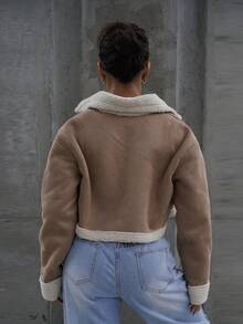 SAYEHFBABY Chaqueta de motocicleta caqui forrada de oso de peluche para otoño e invierno con cremallera - Camel - Ver 2