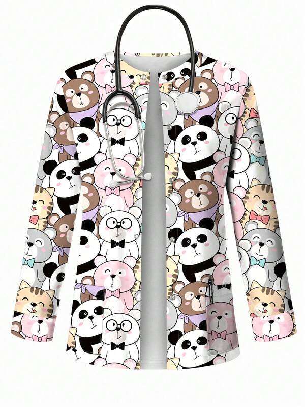 PopScrub Chaqueta de uniforme de enfermería casual con estampado de dibujos animales lindos para mujer, cárdigan de moda para primavera/otoño