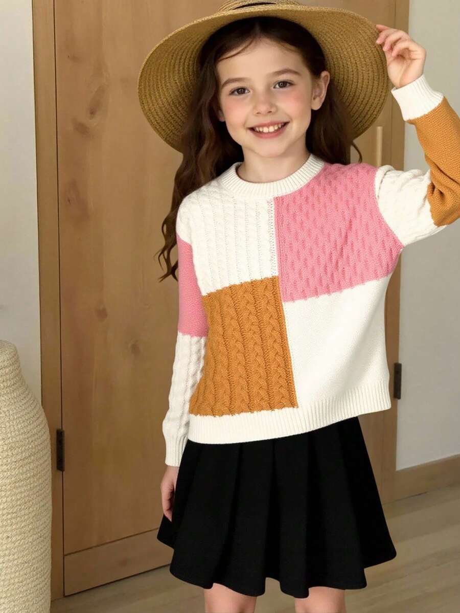 Young Girl Colorblock Cable Knit Sweater, Crew Neck Pullover, Casual Twist Rope Knitwear, Cute & Fashionable Children's Clothing, Suitable For Autumn/Winter, Outdoor & Indoor Wear Preppy Clothes For Kids - Multicolor - View 1