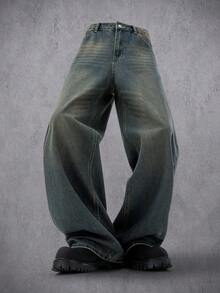 Manfinity Denimwave Quần jeans ống rộng Manfinity Streetstyle dáng rộng có túi rách phong cách Punk Punk Y2K màu xanh dương giặt axit dành cho nam - Rửa trung bình - Xem 7