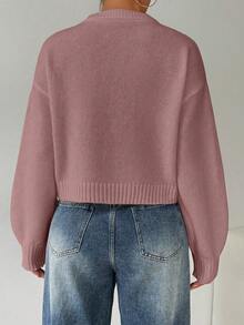 SHEIN LUNE Tropiluxe 女式纯色简约休闲圆领长袖白色毛衣 - 珊瑚粉 - 查看 2