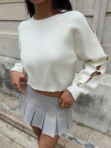 SHEIN EZwear Women's Metal Buckle Decor Hollow Short Sweater In Fall/Winter - White - View 3