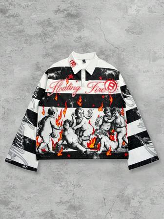 Street Life Men's Street Graphic Print Striped Polo Collar Long Sleeve T-Shirt, Autumn/Winter