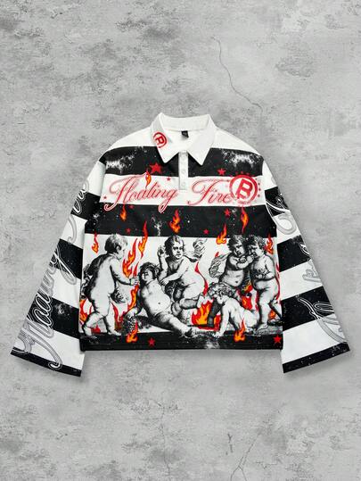 Street Life Men's Street Graphic Print Striped Polo Collar Long Sleeve T-Shirt, Autumn/Winter