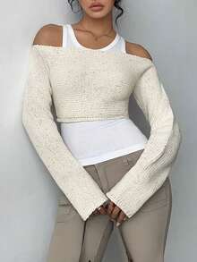 Flirla Women's Fashion Casual Off Shoulder Long Sleeve Knit Top - Beige - View 6