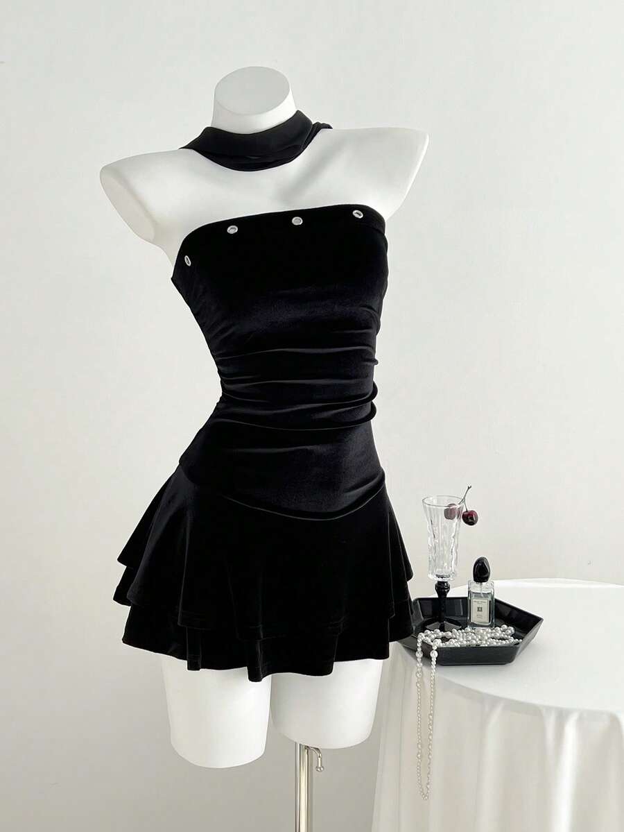 Elamini 女士时尚性感纯色抹胸迷你连衣裙 - 黑色 - 查看 1