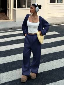 SHEIN EZwear 加大码藏蓝色休闲宽松保暖内衬卫衣套装，秋季 - 藏蓝色 - 查看 3