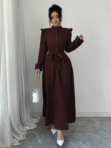 Selianne Đầm Maxi Dài Tay Đơn Giản, Cúc Áo Viền Xếp Ly Phía Trước, Màu Trơn Cho Nữ, Trang Phục Nữ - Màu Đỏ Sâu - Xem 3