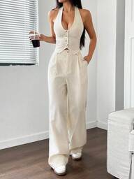 Flirla Conjunto de 2 piezas: Chaleco con diseño de corbata y pantalones casuales de pierna recta