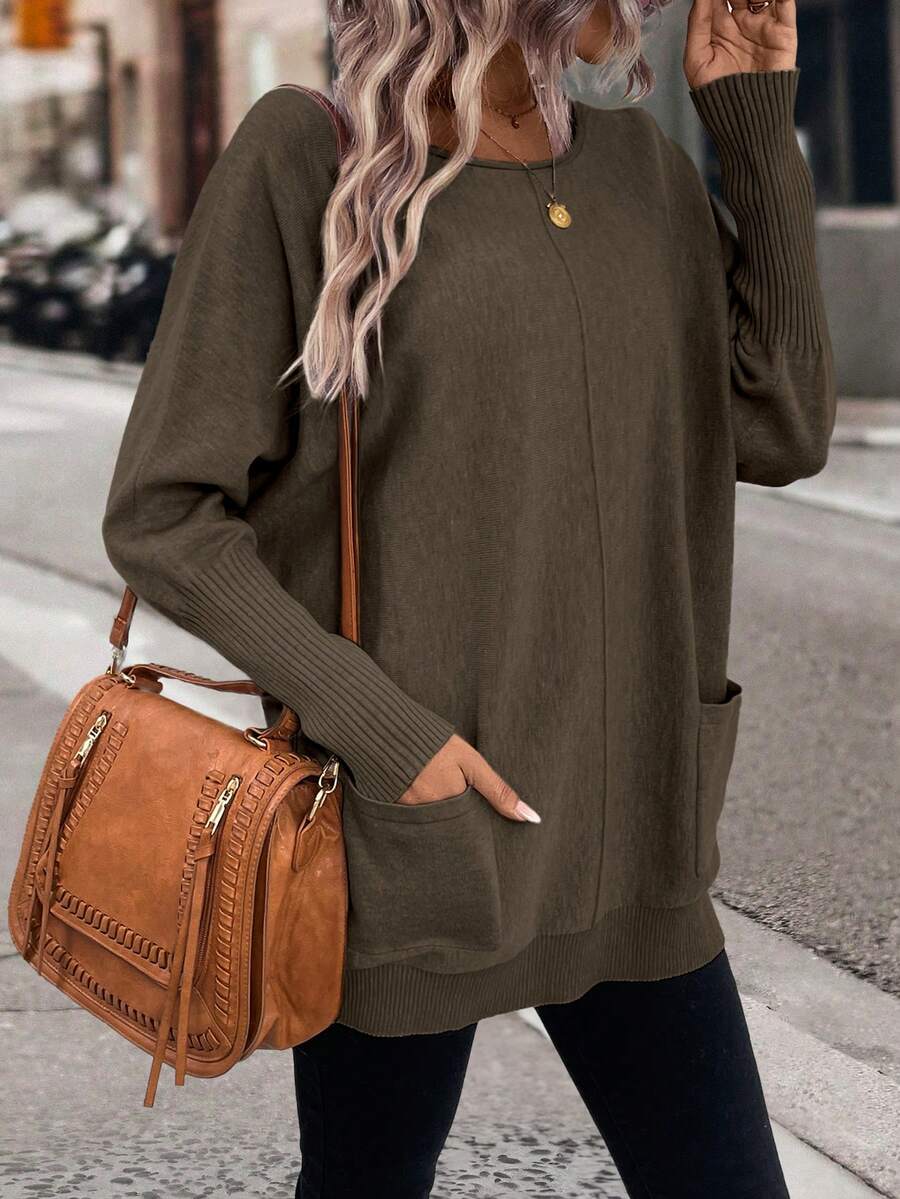 EMERY ROSE Fashionable Versatile Solid Color Batwing Sleeve Double Pocket Sweater